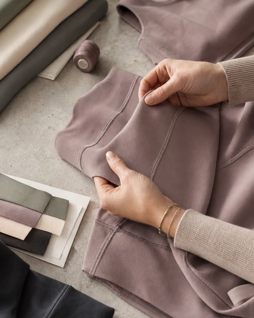 Veyora Fit fabric swatches and activewear seam details